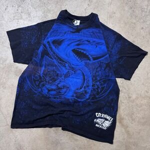 Vintage 90s Yazbek Shark AOP Graphic‎ Cozumel Mexico 2XL Blue Black Tourist